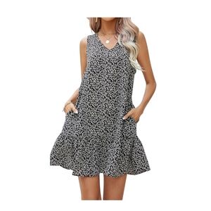 Black and White Sleeveless V-Neck Mini Sundress With Pockets